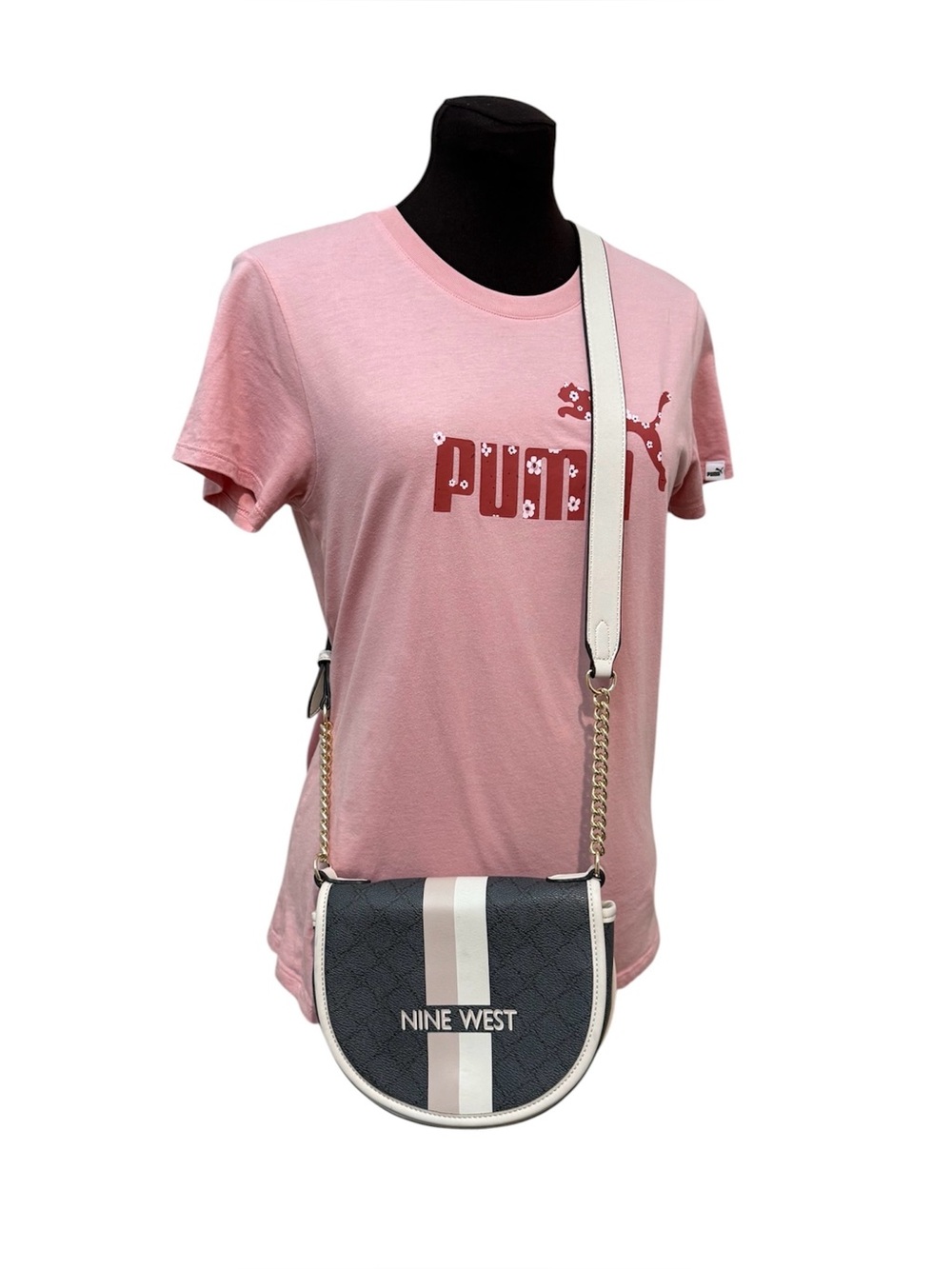 Nine West Delaine Saddle Crossbody Bag Gray Pink White